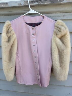 Vintage genuine pink leather jacket with cream real mink fur sleeves